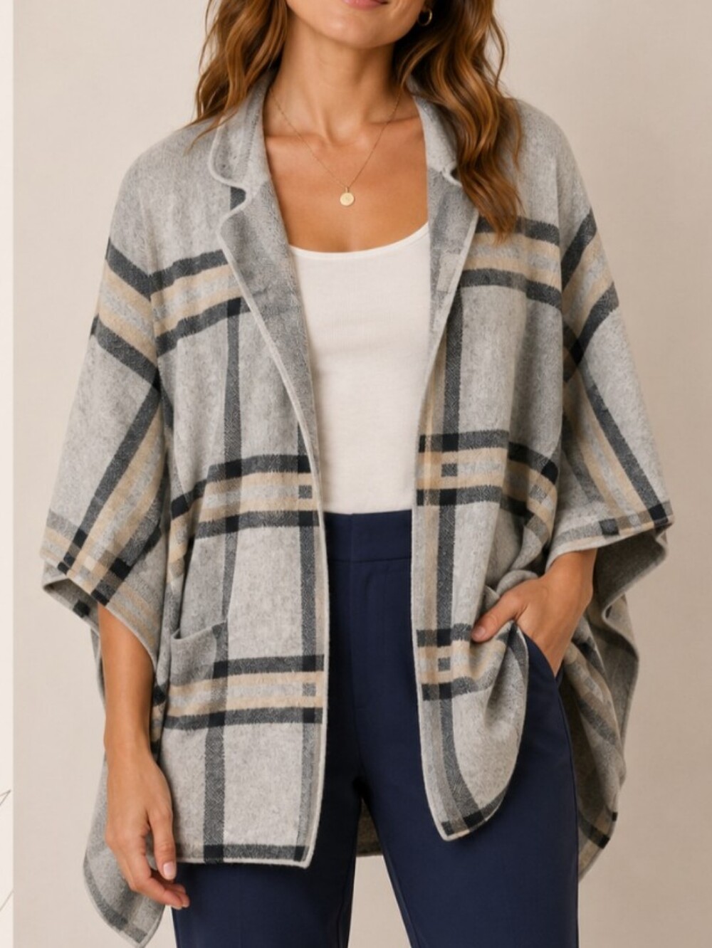LOFT Cape Sweater Womens M L Gray Plaid Collared Dolman‎ Sleeve Open Pockets